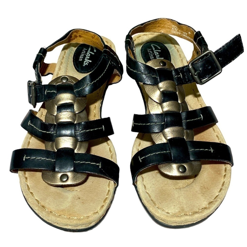 Clarks Artisian sandals straps buckle closure black and bronze cushioned #OSS